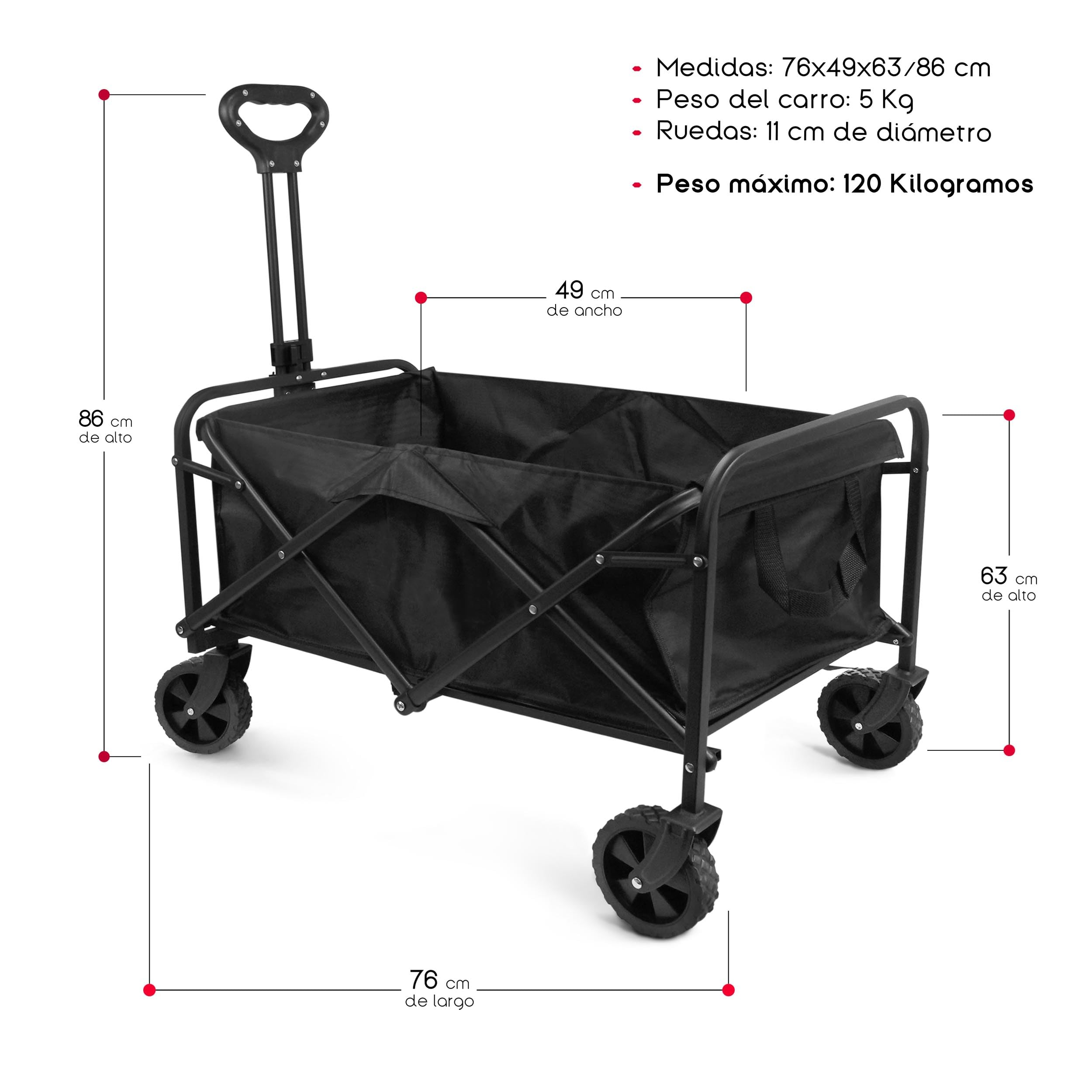TIENDA EURASIA – Carro Playa | Plegable | Material Acero Aleado y Tela Oxford | Color Negro | 4 Ruedas silenciosas de 360º | Medidas 76x49x63/86 cm | Peso Máx 120 Kg | Palanca Push-Pull Ajustable