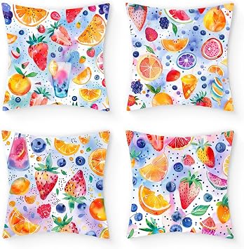 Umootek 4pcs Summer Throw Pillow Covers, Short Plush Watercolor Pillow Case, 18 x 18 Inch Fruit Sweet Printed Pattern Home Cushion Case for Home Farmhouse Indoor Outdoor Sofa Couch Office Decoration