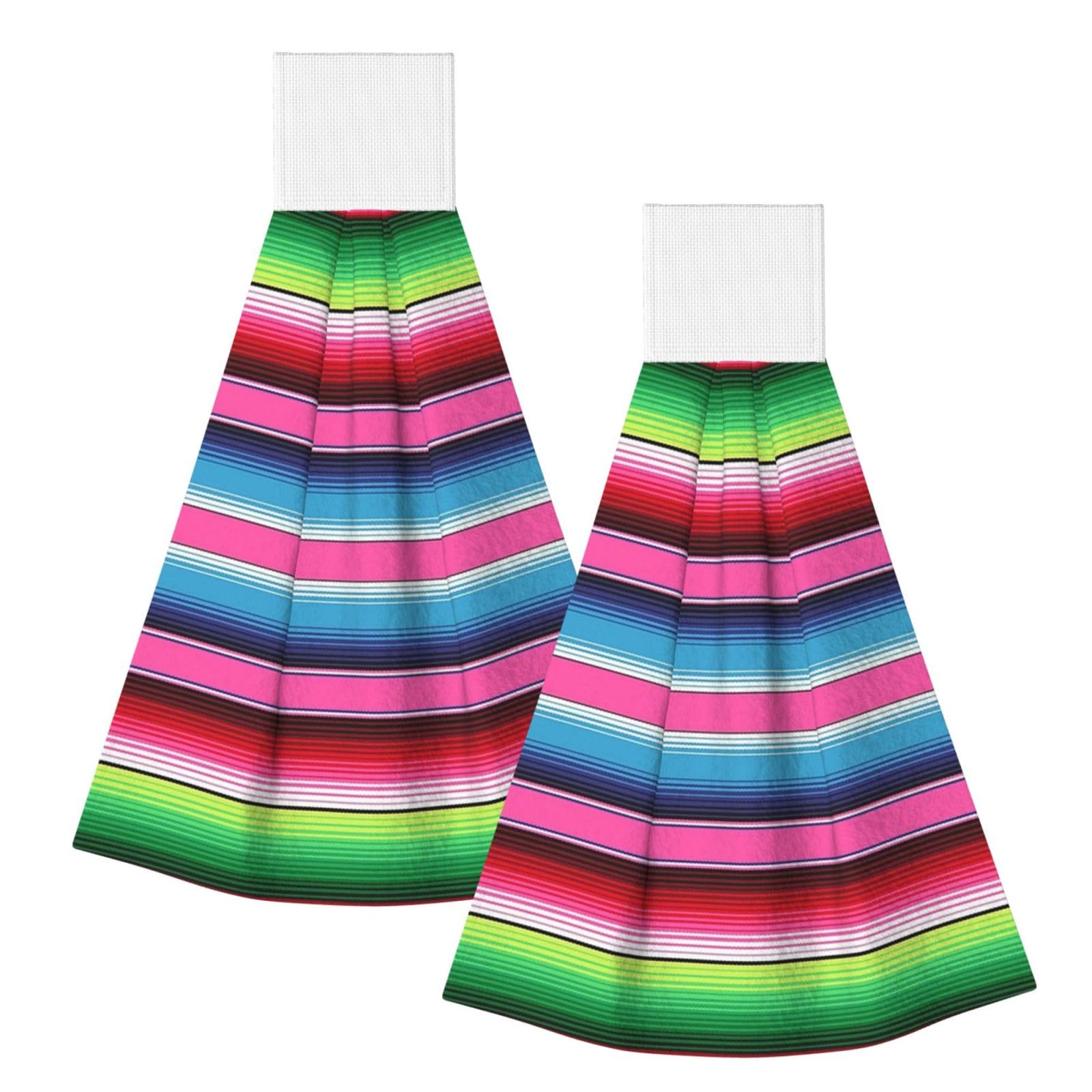 DOPKLNA Colorful Mexican Blanket Stripes, 2 Pcs Hanging Coral Fiber Hand Towels for Bathroom, Absorbent Kitchen Towels