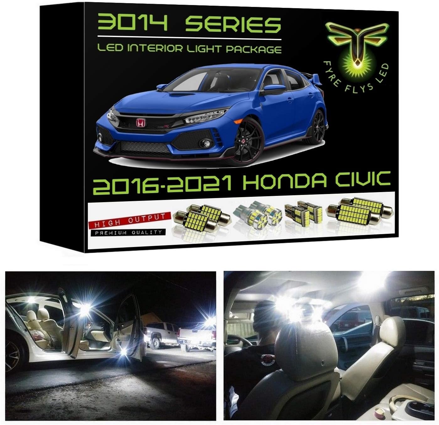 Fyre Flys 6 Piece White LED Interior Lights for 2016 2017 2018 2019 2020 2021 Honda Civic Super Bright 6000K 3014 Series SMD Package Kit with Map Dome Trunk Vanity Mirror and Install Tool