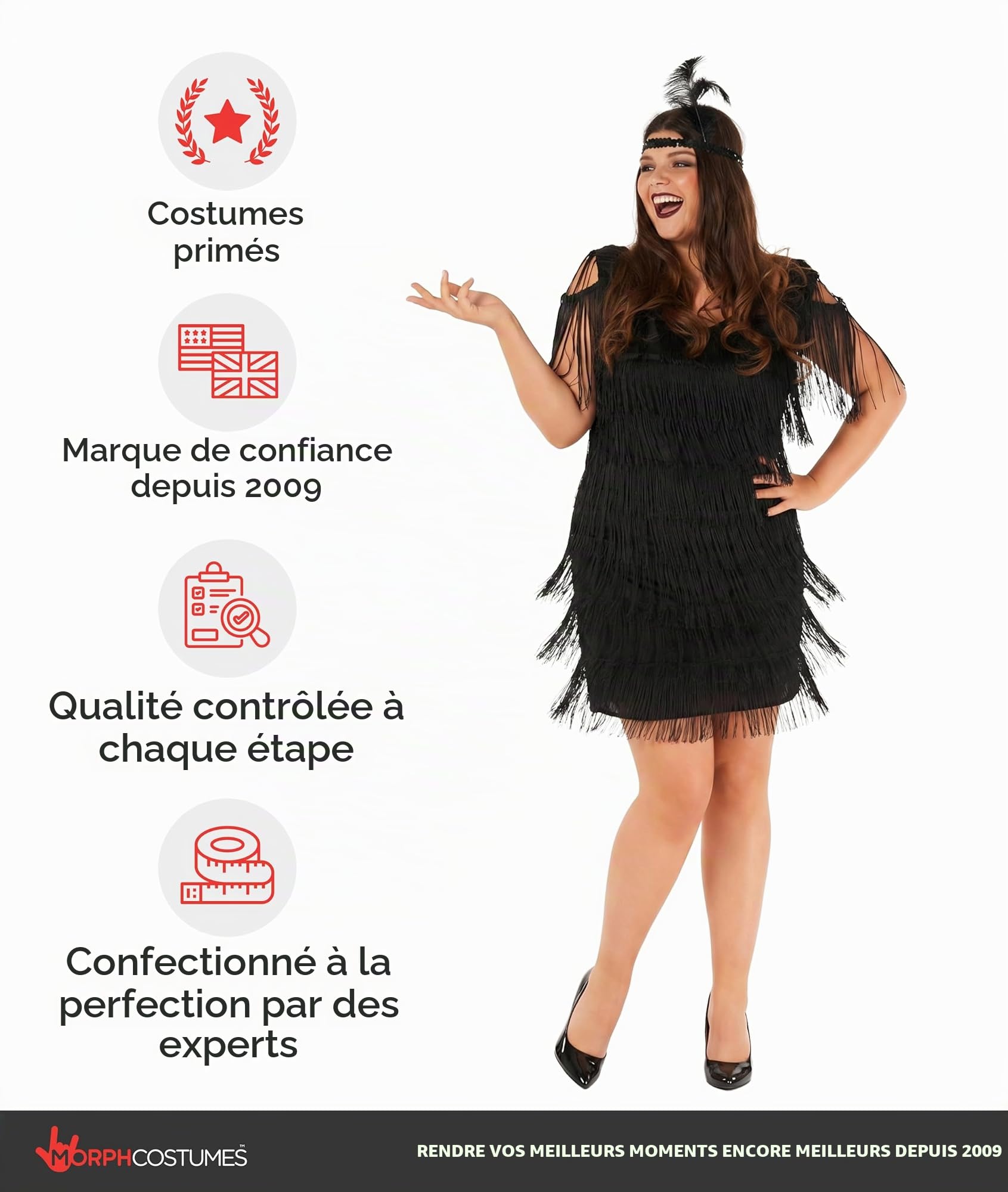 Morph Deguisement Charleston Femme, Costume Annees Folles Halloween | Robe Noire à Franges & Bandeau, Style Années Folles, À Enfiler, Parfait pour Halloween, Idéal pour se Déguiser