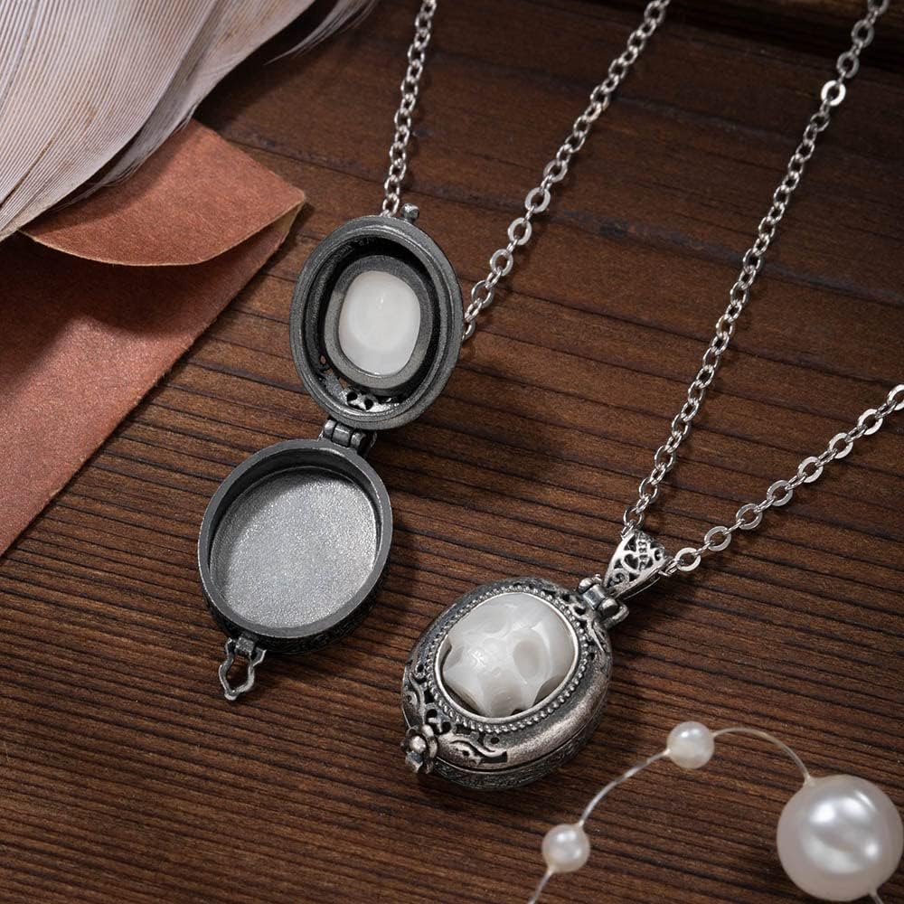 Sterling Silver Pearl Skull Necklace Locket for Women Gothic Skull Pendant Necklace Gifts for Women Carved Skeleton Pendant Retro Gothic Jewelry