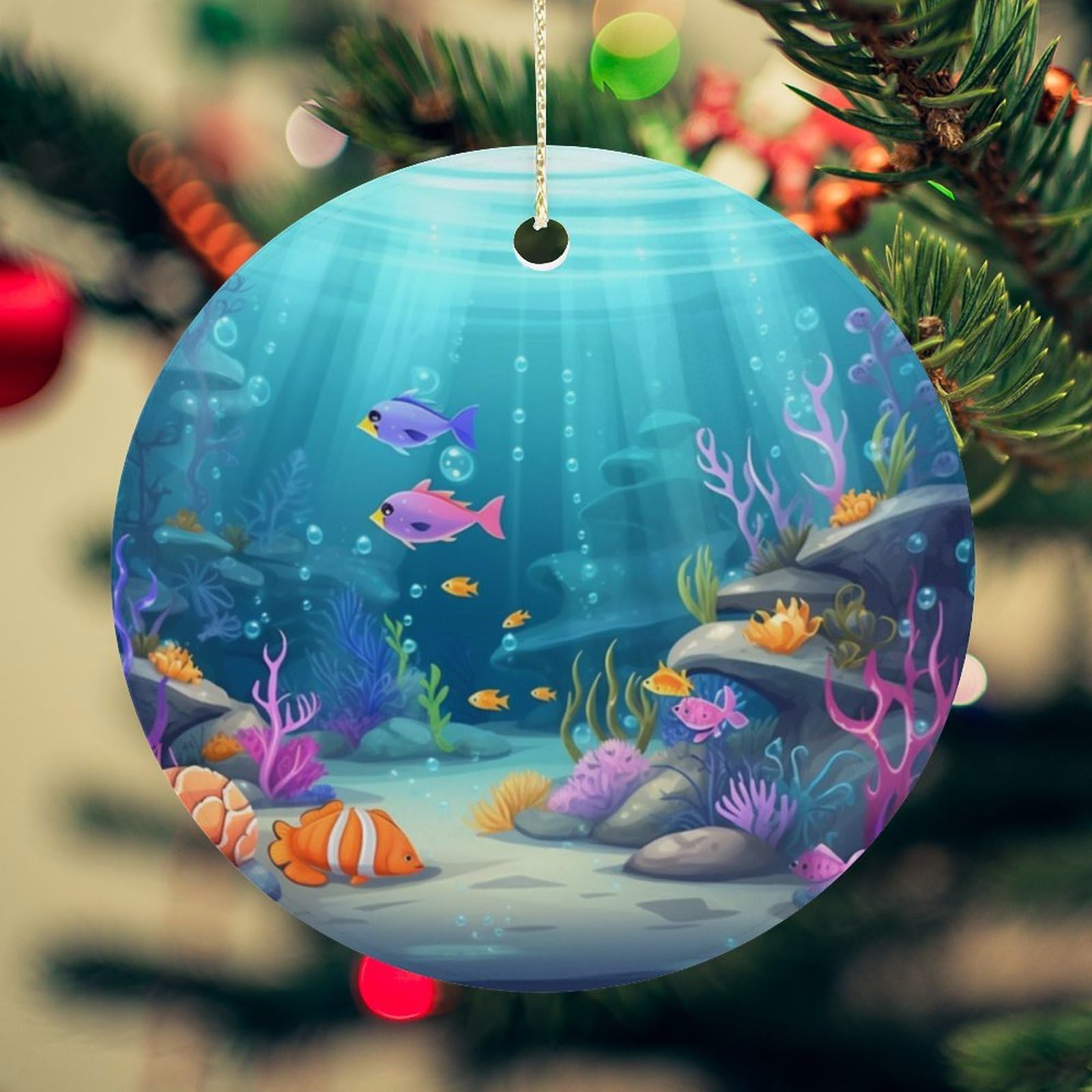Under Sea Christmas Ornament for Christmas Tree Ceramic Round Ornament Winter Holiday Keepsake Gift 2.7" Christmas Tree Hanging Decorations Circle Ceramic Pendant Xmas Gift
