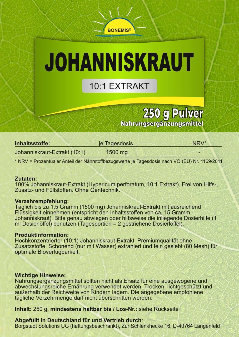 Johanniskraut-Extrakt, hochkonzentriert (10:1), ohne Zusatzstoffe, 250 g Pulver im Beutel, Bonemis®