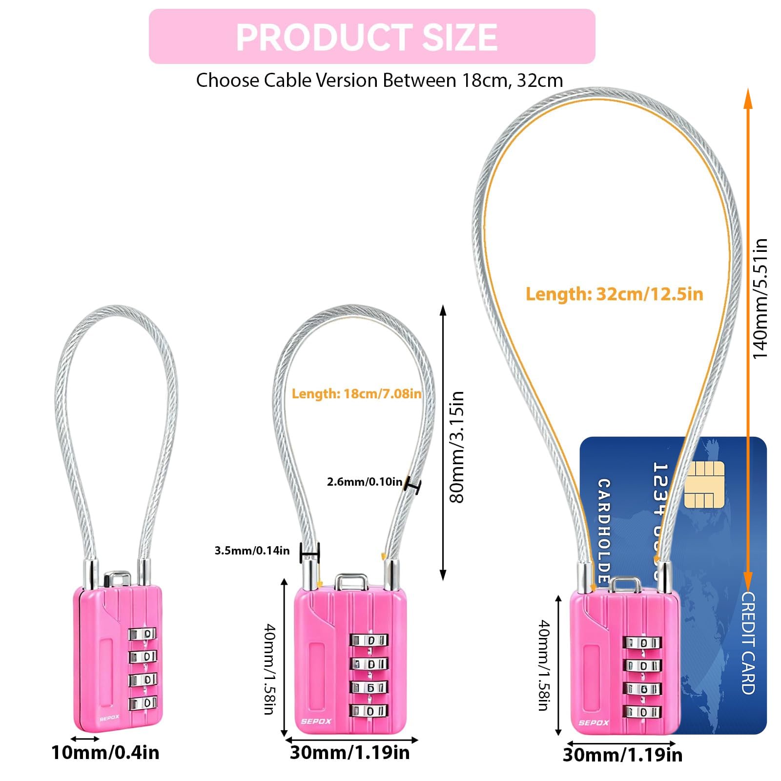 SEPOX Rücksetzbares 4-stelliges Zahlen-Vorhängeschloss, 32 cm, extra langes Vinyl-Stahlkabel – Mehrzweckschloss für Fitnessstudio, Schließfach, Koffer, Rucksack – langlebig, rostfrei, rosa