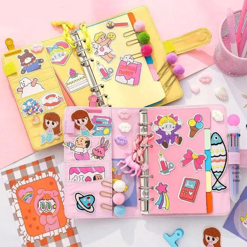 NUJOOM DIY Personalize Notebook,Pocket Planner Girls Diary Cute Notepads Stationery Notebooks with Fun Stickers,Embellishments,Loose-leaf papers,Paper Clips etc.for School/Office Supplies(Yellow)