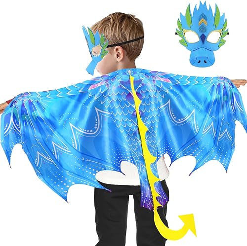 iROLEWIN Máscara de disfraz de dinosaurio y alas de dragón para niños pequeños, disfraz de dinosaurio para niños y niñas, Halloween, juegos de