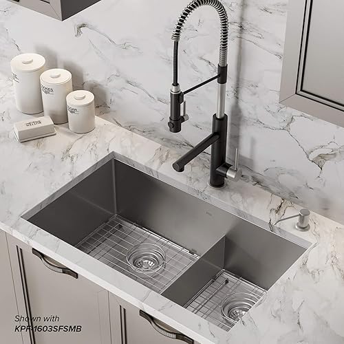 Vista 86 de Kraus Standart PRO KHU104-33 - Fregadero de cocina acero inoxidable de 33 in y 16 g, con doble pila de distribución 60 y 40 para montar bajo encimera