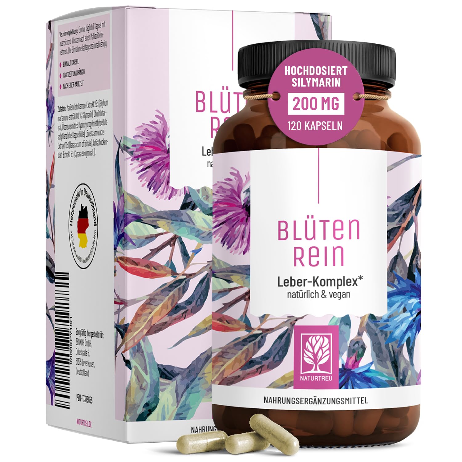 NATURTREU® Mariendistel Artischocke Löwenzahn Kapseln - Leber Komplex mit Cholin für die normale Funktion der Leber - Mariendistel Hochdosiert 80% Silymarin 200 mg - 120 Kapseln - 4 fach Komplex