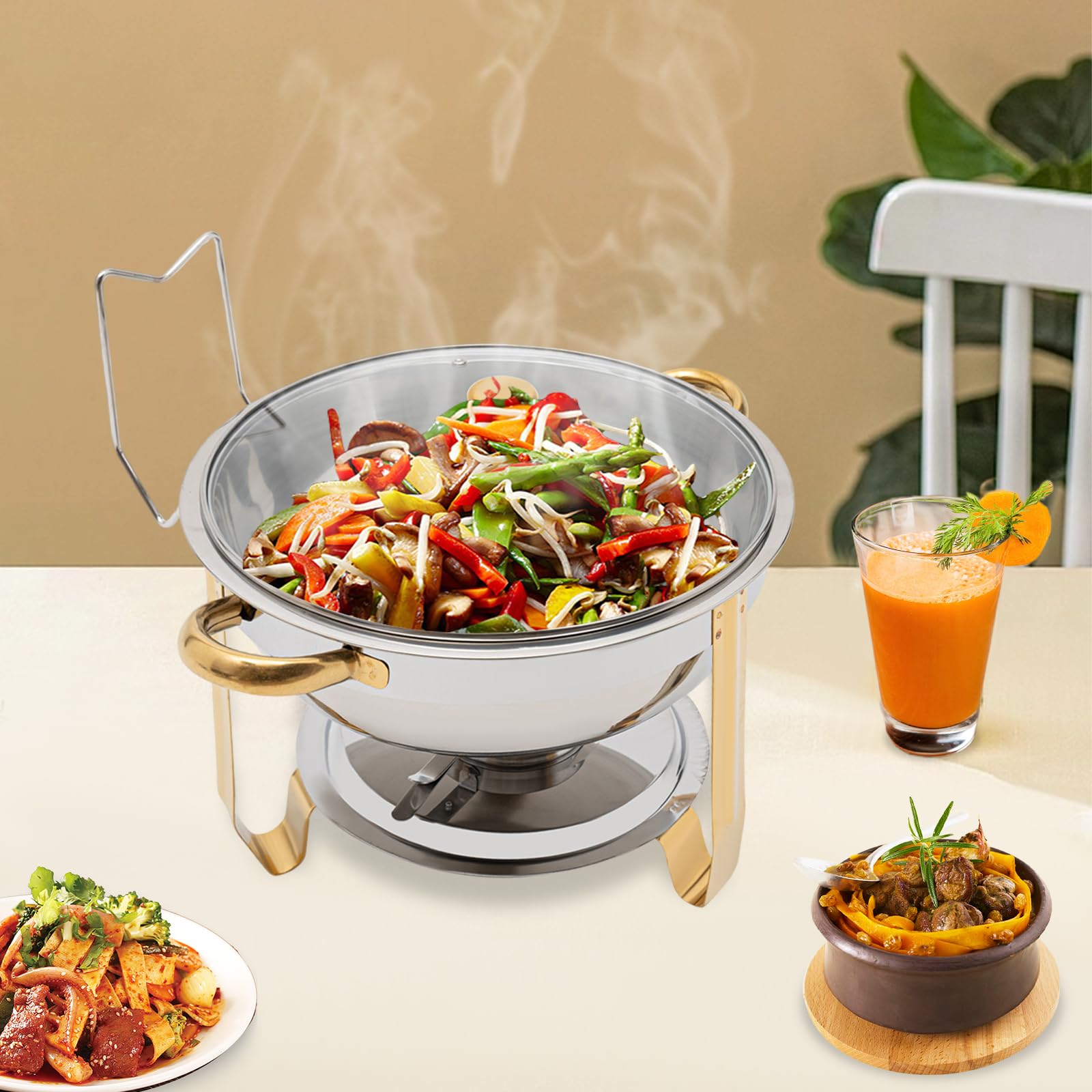 Chafing Dish, contenitore termico rotondo da 5 litri, in acciaio inox, per buffet catering gastro e feste