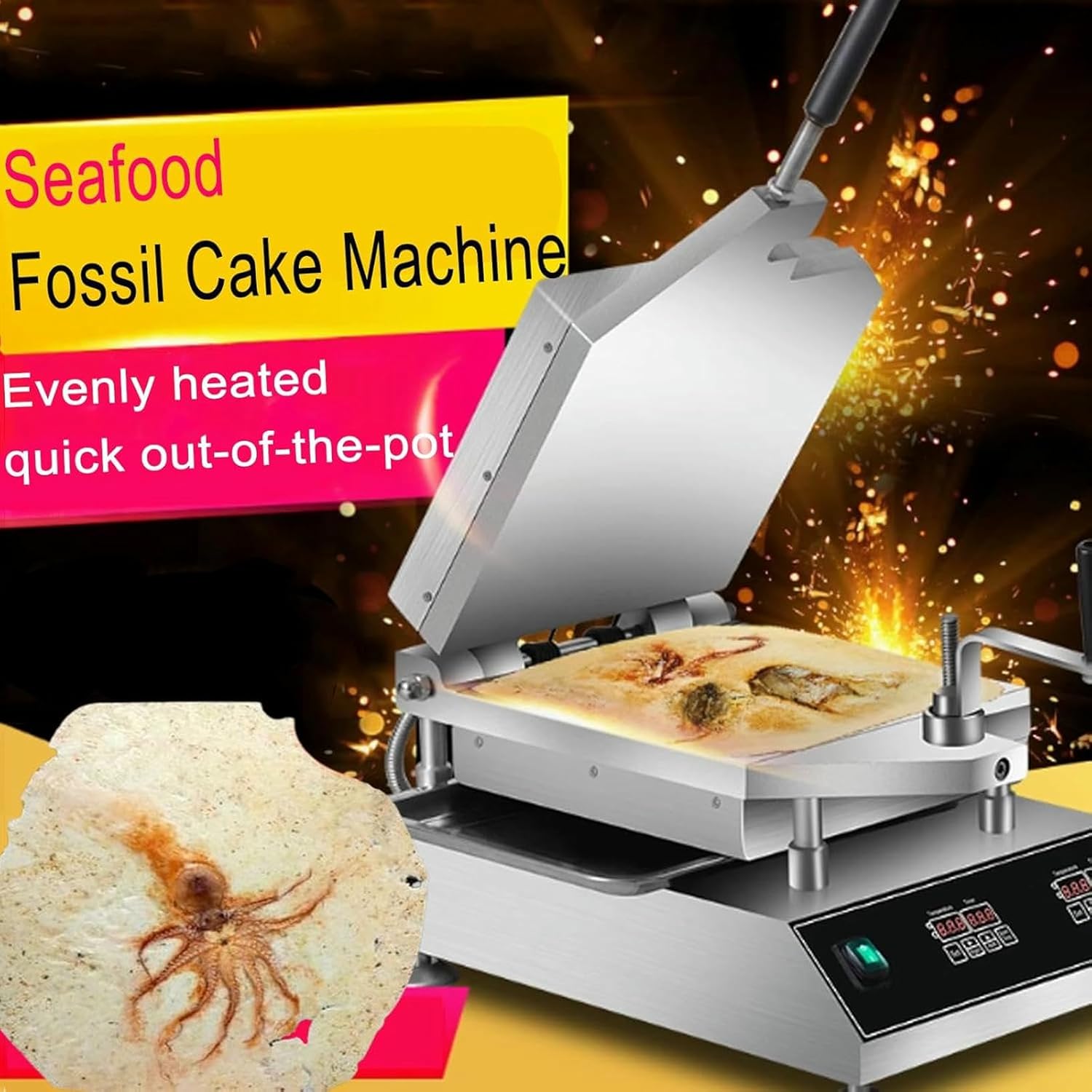 Freshly Made Prawn Tako Senbei Maker Machine, 2800W Instant Crepe Maker, 50-299°C Intelligent Temperature Control, Seafood Fossil Cake Machine, for Street Snack Shop