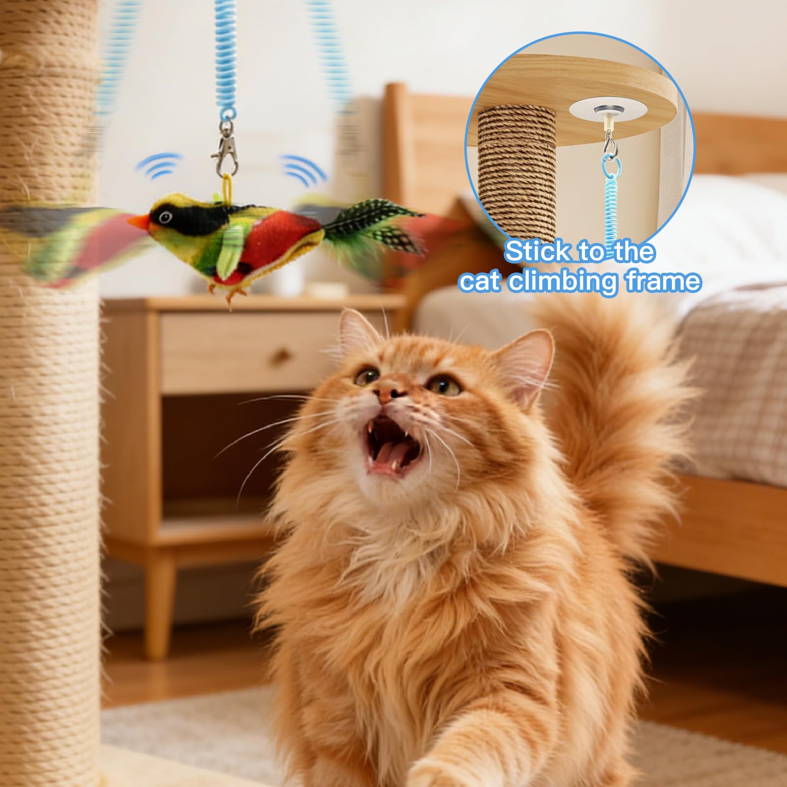 TUGFREE Juego de juguetes para gatos y pájaros chirriantes, juguete interactivo para gatos de interior, juguete de gatito activado por movimiento con sonido realista y pluma, diversión 2 en 1 para