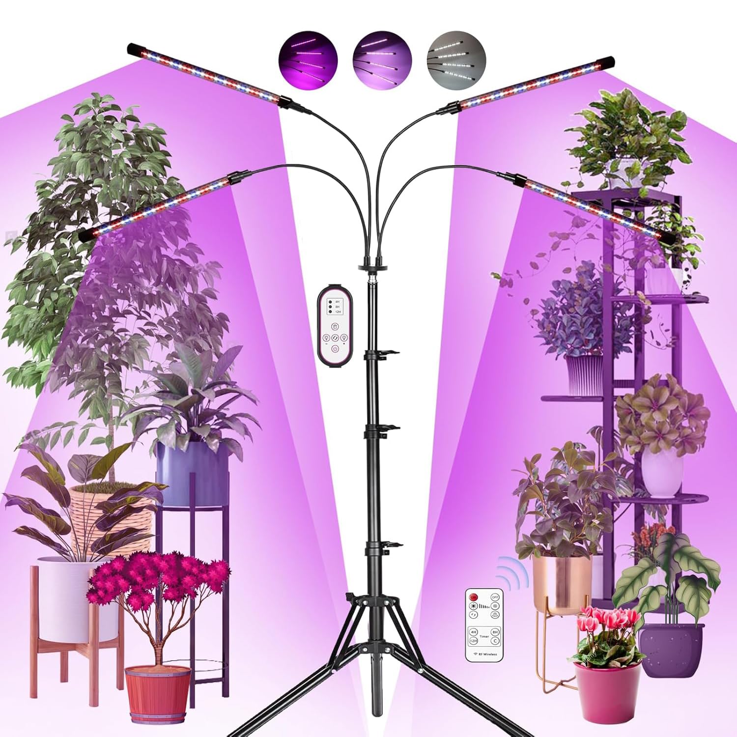 GIGAWATTS 40W Plant Grow Light with 4 Tube Full Spectrum 100-240V~50/60Hz AC Input 10 Levels Dimmable & 3 Modes 120° Lightning Angle IP44 Indoor Lamp for Home Garden Balcony (Pack of 1, RGB)-image-45