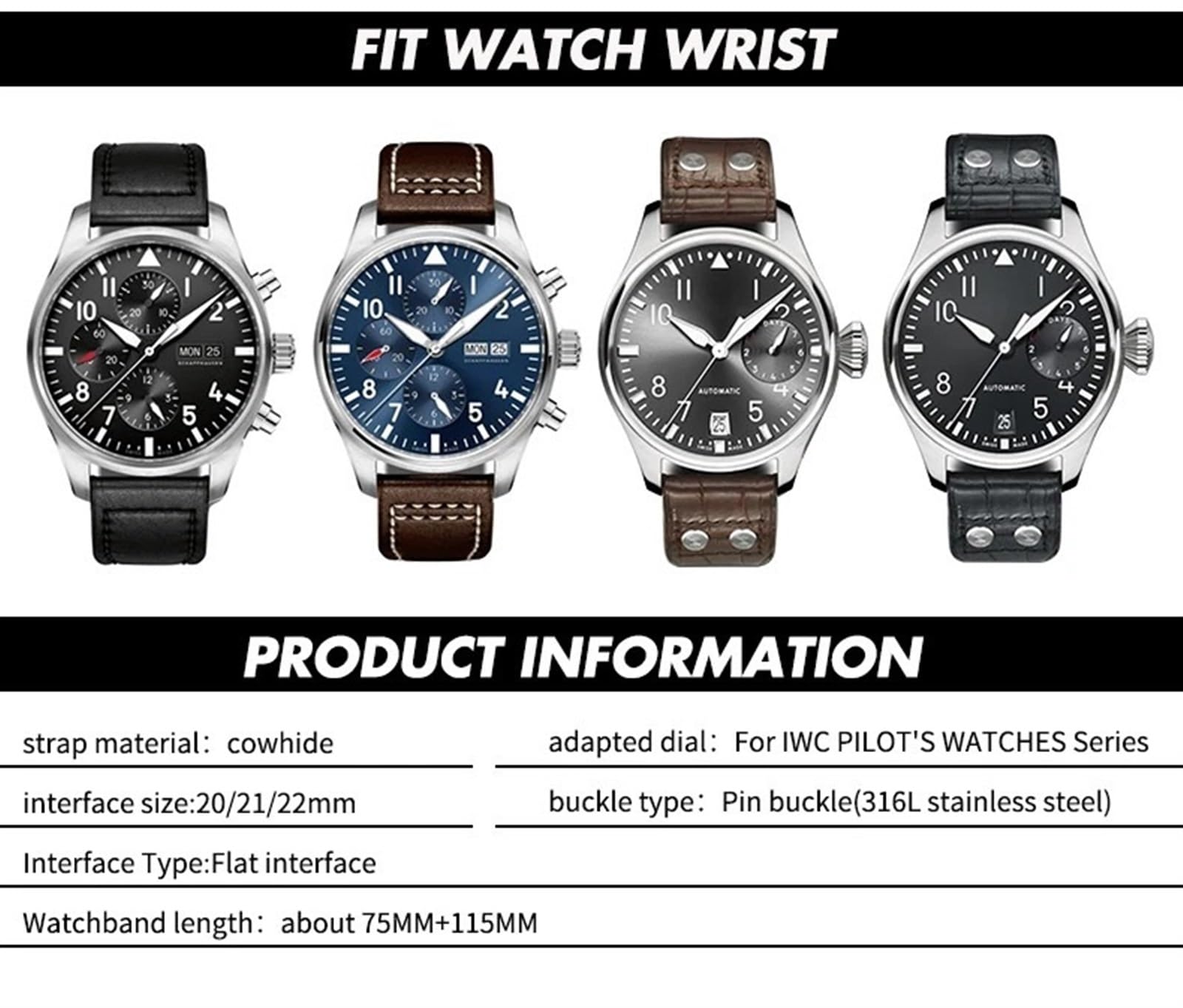 20mm 21mm 22mm estremità curva cinturino in vera pelle di mucca di ricambio per orologi IWC Portugieser PILOT fibbia pieghevole