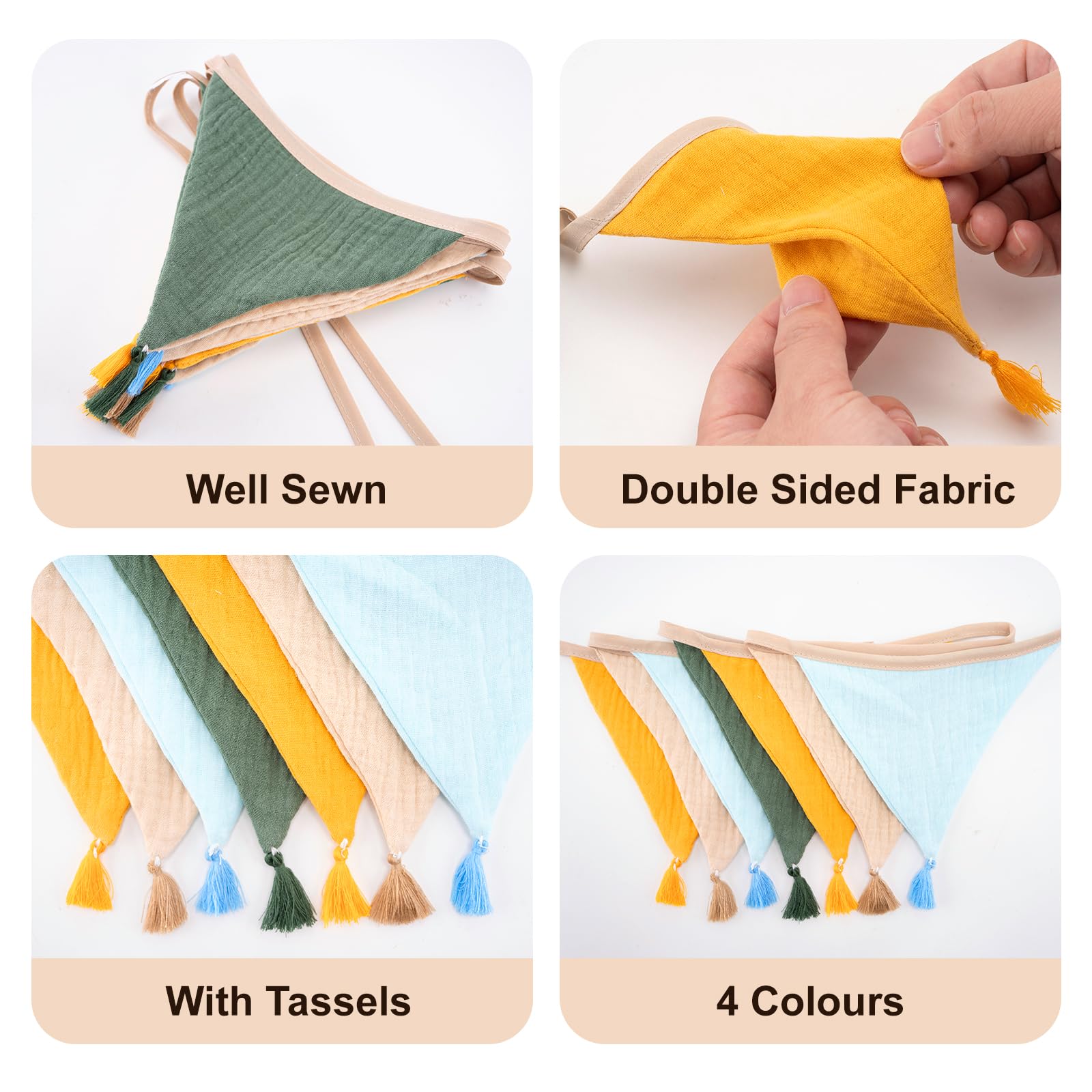 G2PLUS Fabric Bunting Banner with Tassel, 12PCS Double Sided Cotton Bunitng, 2.8m Fabric Triangle Garland - Image 3
