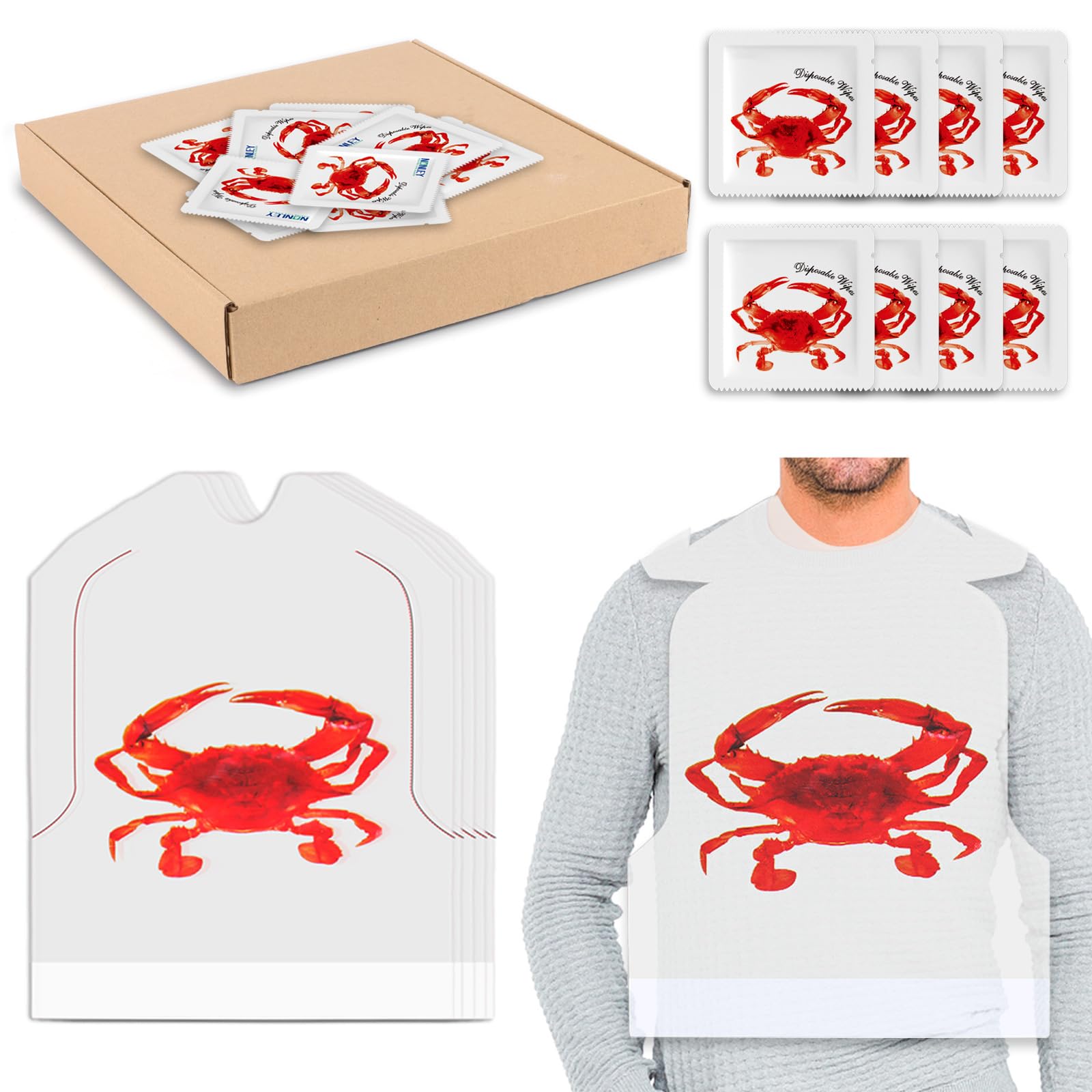 Nonley 100 Pcs Crab Bibs + 100 Wet Wipe, Disposable Plastic Crab Bib for Adults, Crab Feasts Bibs for Restaurants Seafood Boil Party