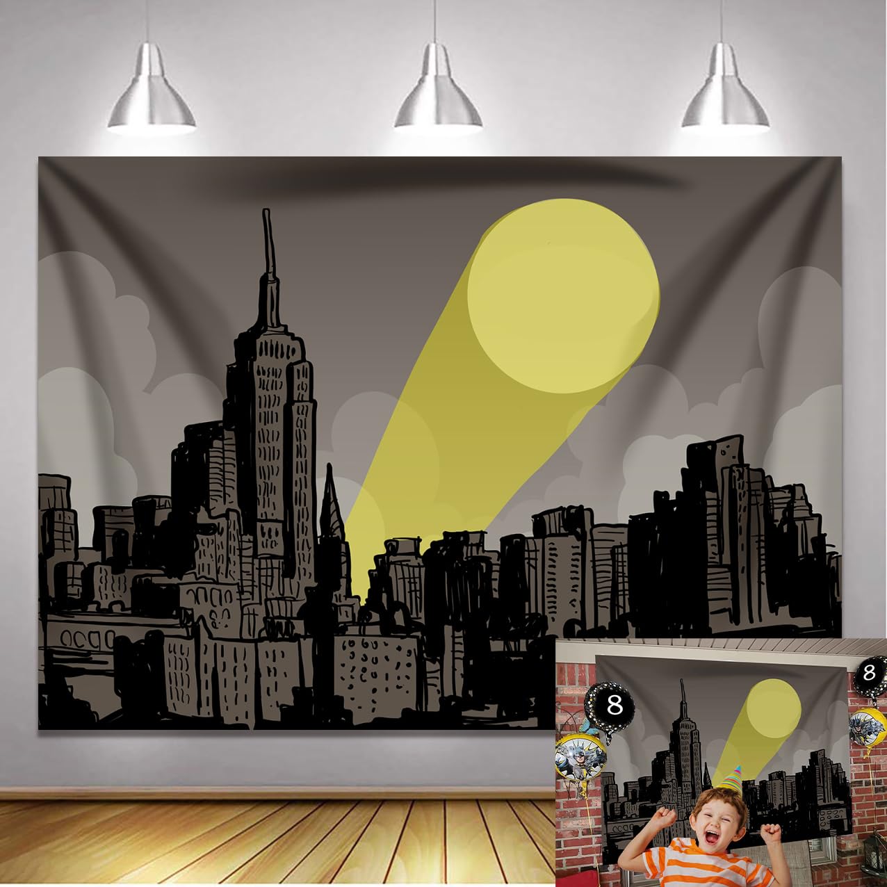 USERTEN Bat Superhero City Scape Backdrop 8x6ft Full Moon Skyline Hero Party Polyester Banner Kid Adult Super Hero Birthday Party Cake Table Decoration Room Wall Decor Tapestry Photo Background