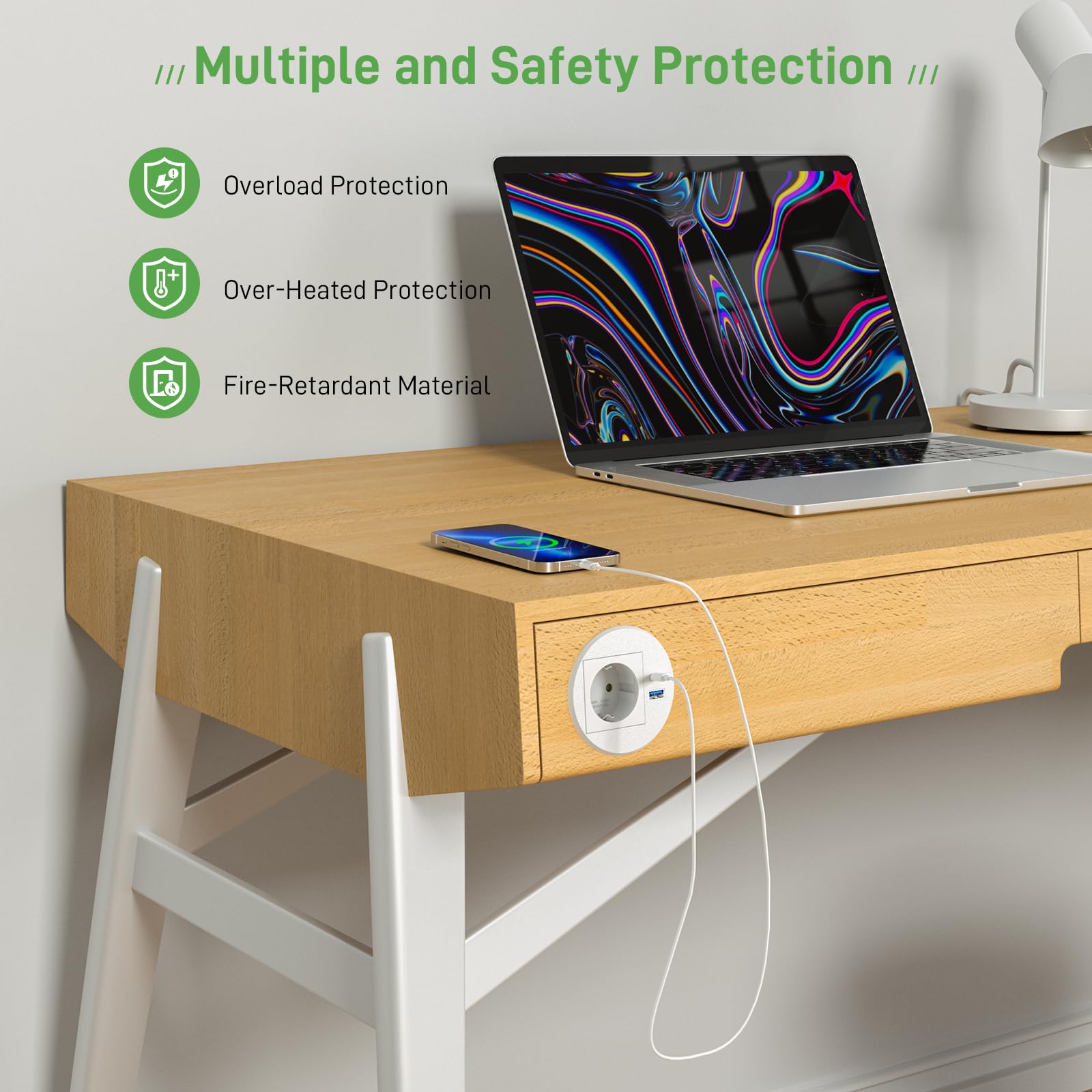 Gniazdko stołowe z USB C PD20 W, gniazdko do zabudowy z gniazdem USB, do zabudowy, listwa zasilająca, kabel 2 m, kolor biały