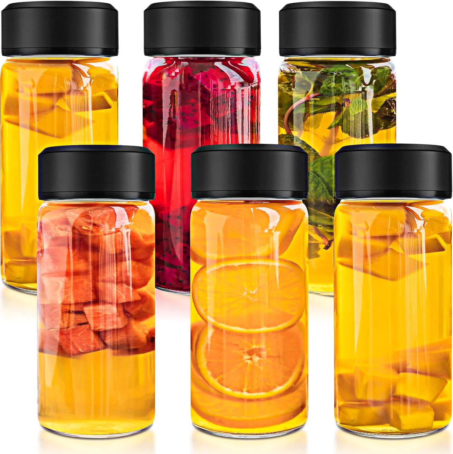 Nuogo 6 Pack Glass Bottles with Lids 12 oz Juicing Bottles