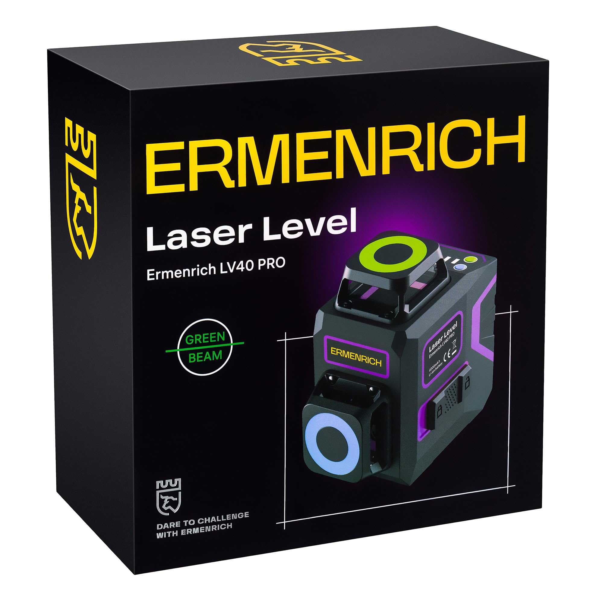 PRO LV40 Zielona Poziomica Laserowa Samopoziomująca Tryb Impulsowy 30 m 2D 8 Linii — 360° — IP54 42 Godziny Czasu Pracy Ładowalna Blokada Kompensatora Fioletowa