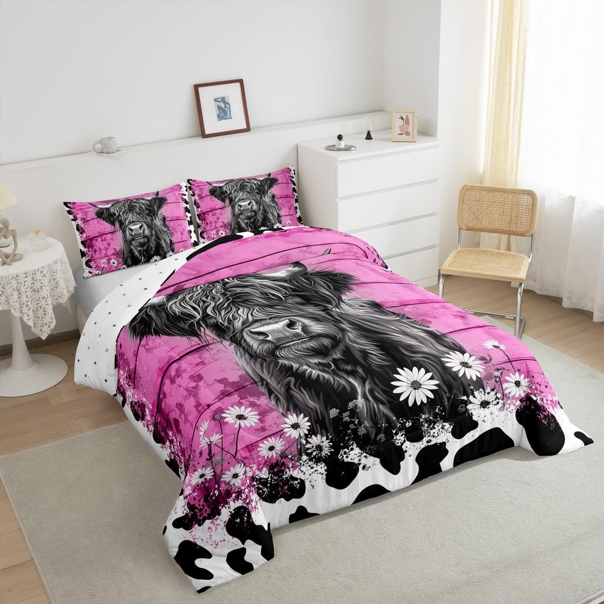 Erosebridal Highland Cow Twin Bedding Set,Pink Floral Cow Print Comforter Set for Kids Teen Girls,Western Cowgirl Farmhouse Bed Set Longhorn Bull Cattle Bedding Comforter Sets,1 Pillowcase