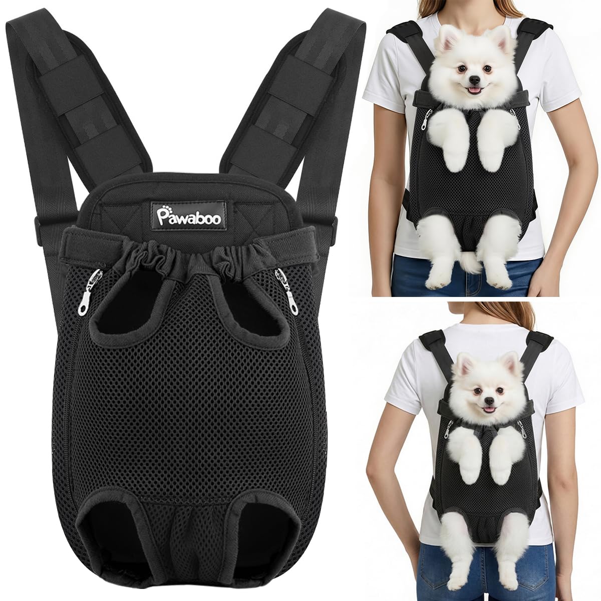 Pawaboo Sac De Transport Avant pour Chiens Petits à Moyens | Jambes Dehors Facile à Ajuster, Sangles Ajustables, Mains Libres, Support Rembourré Doux pour Voyage, 2.5-5Lbs, Noir, S