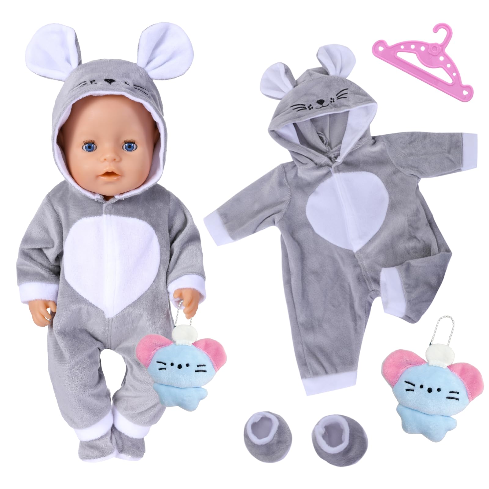 Doll Clothes Overalls for 14-18 Inch Baby Dolls, Cute Mouse Overall Doll Outfits with Overall Hanger Socks Mouse Pendant, Grey Doll Clothes for 35-45 cm New Baby Dolls Girls Birthday Gifts