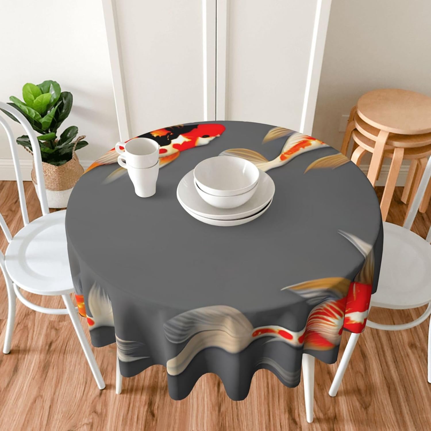 Traditional Koi Carps with Spots Print Wrinkle Free Dining Table Cover for Birthday Party Farmhouse Tablecloths Up to 60 x 60 Inches