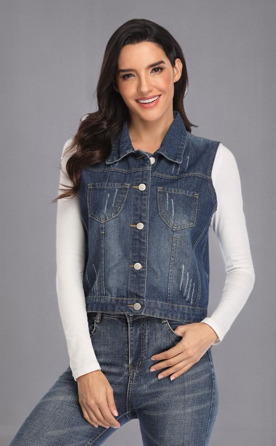 Womens Denim Jean Vest Classic Cropped Distressed Spread Collar Sleeveless Jean Jacket - Image 7