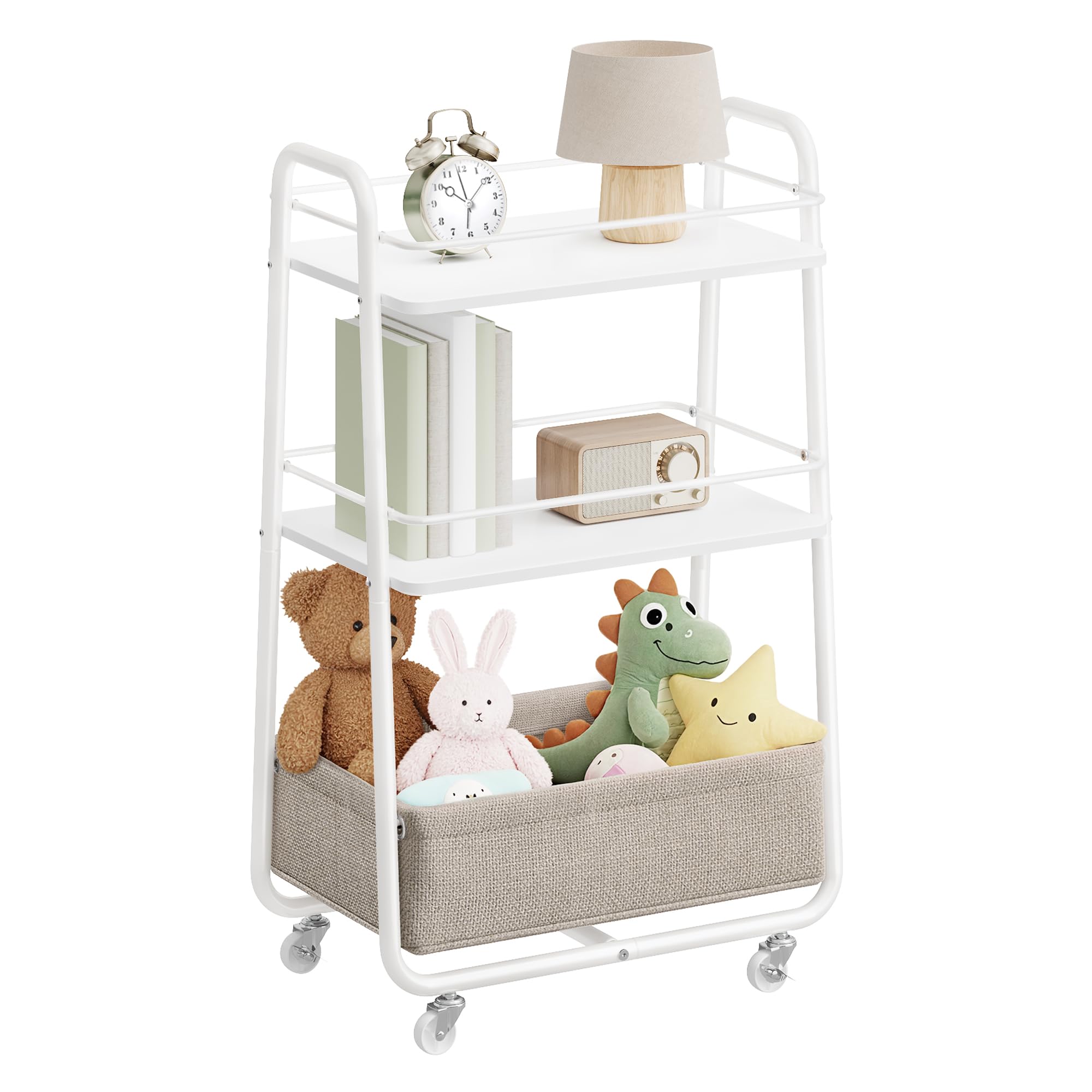 VASAGLE LILEA Collection - Storage Trolley with Fabric Basket, 3-Tier Rolling Trolley on Wheels, with Shelves, for Living Room, Bedroom, Kitchen, Cloud White and Camel Brown LRC001WB01