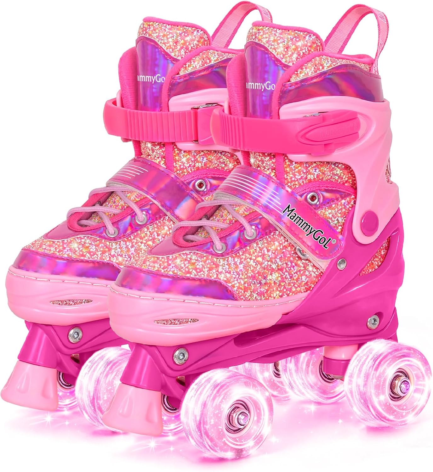 Mammygol Roller Skates for Girls, 4 Sizes Adjustable Quad Roller with Light up Wheels, for Children
