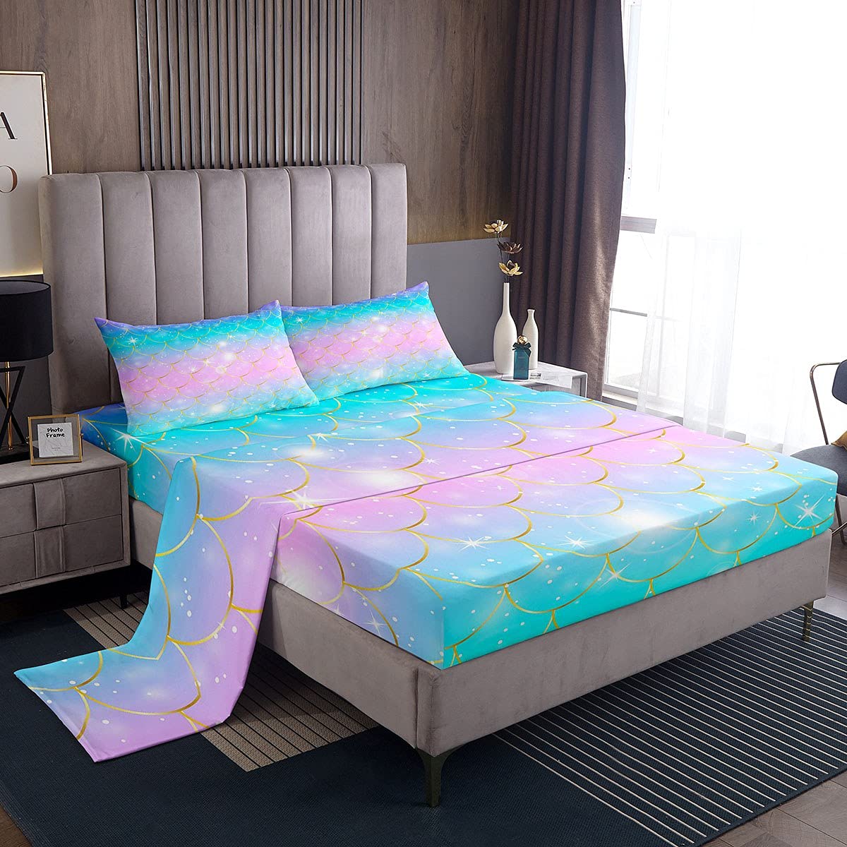Housse de couette sirène lit enfant parure 3 pièces bleu rose motif vie marine