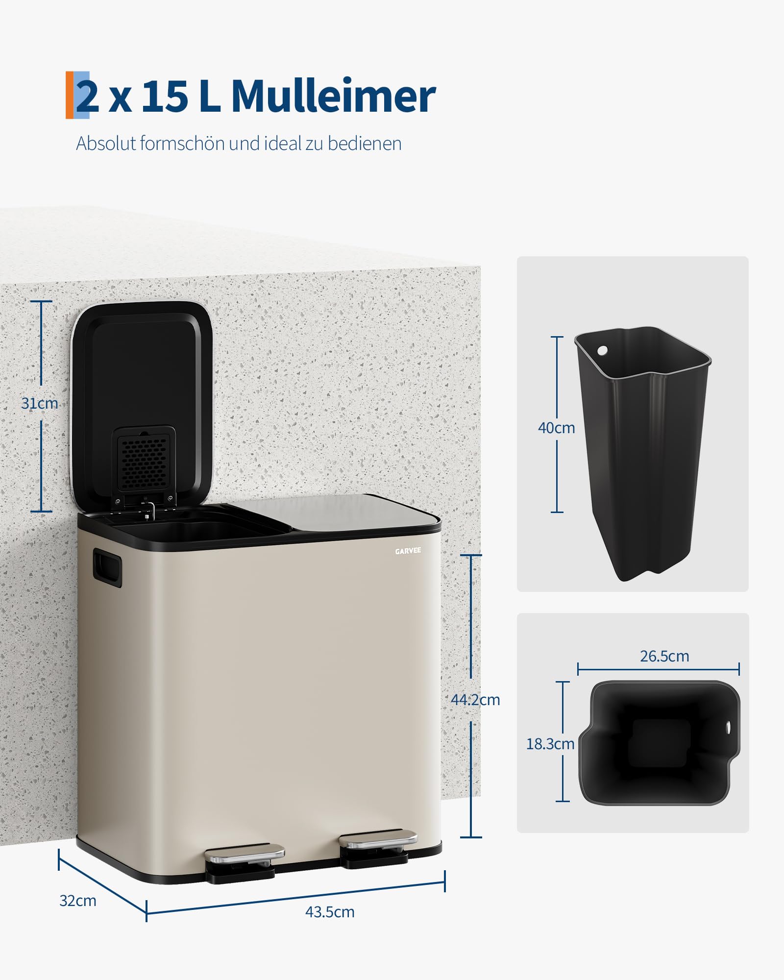 GarveeHome Pattumiera Cucina 2x15L Separazione Rifiuti, Pedale Acciaio Inox Pedali Separati Chiusura Ammortizzata,Secchi Interni Rimovibili Riciclaggio Organici Domestici (Bianco)
