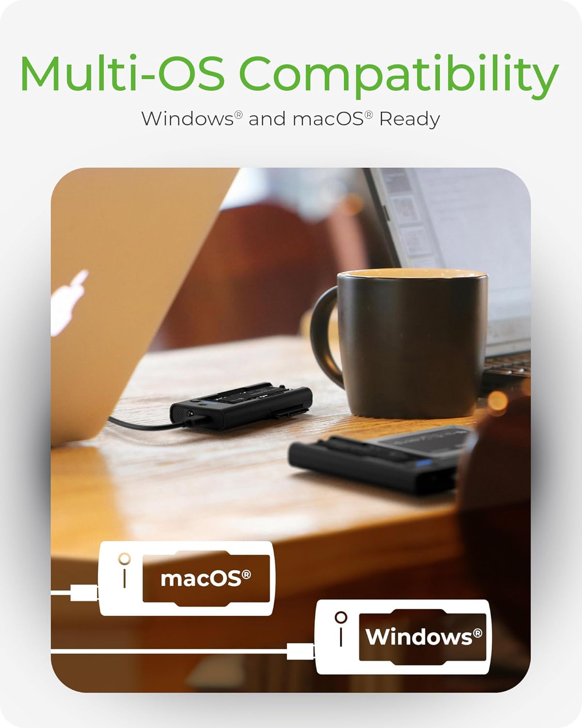 ICY BOX docking station showing compatibility with macOS and Windows operating systems