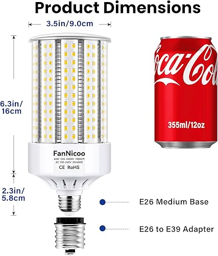 Miniatura 5 de Paquete de 2 bombillas LED de maíz de 60 W, base E26E39, bombillas de maíz brillante, 6500 K, 7800 lm, halógeno metálico HID HPS de repuesto para
