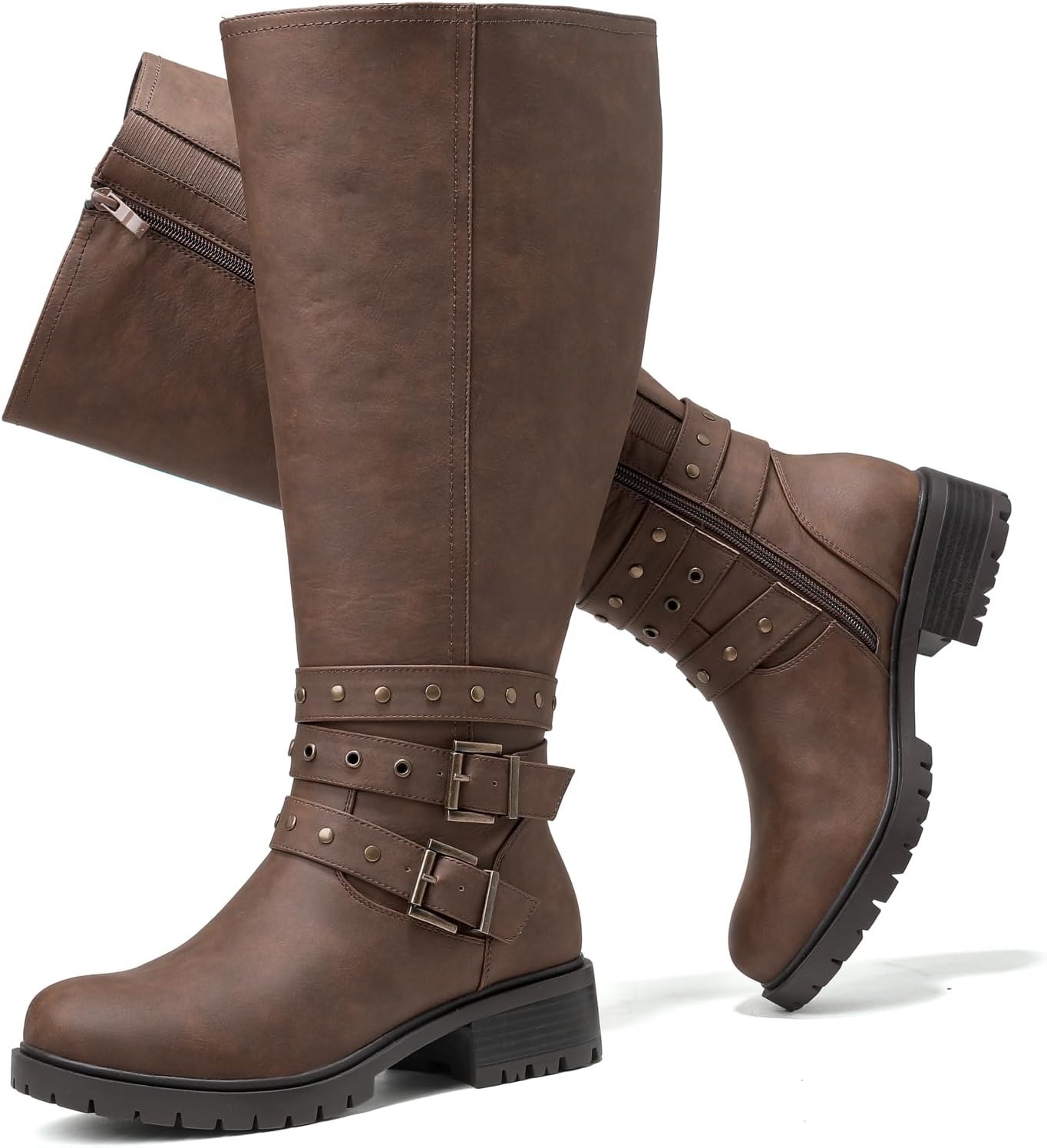 Luoika Women’s Extra Wide Calf Knee High Boots, Chunky Low Heel Plus Size Boots Motocycle Ridding Boots.