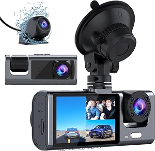 3 Channel Dash Cam Front and Rear Inside, 1080P Dash Camera for Cars, Dashcam Three Way Triple Car Camera with IR Night Vision, Loop Recording, G-Sensor, Parking Monitor, 24 Hours Recording