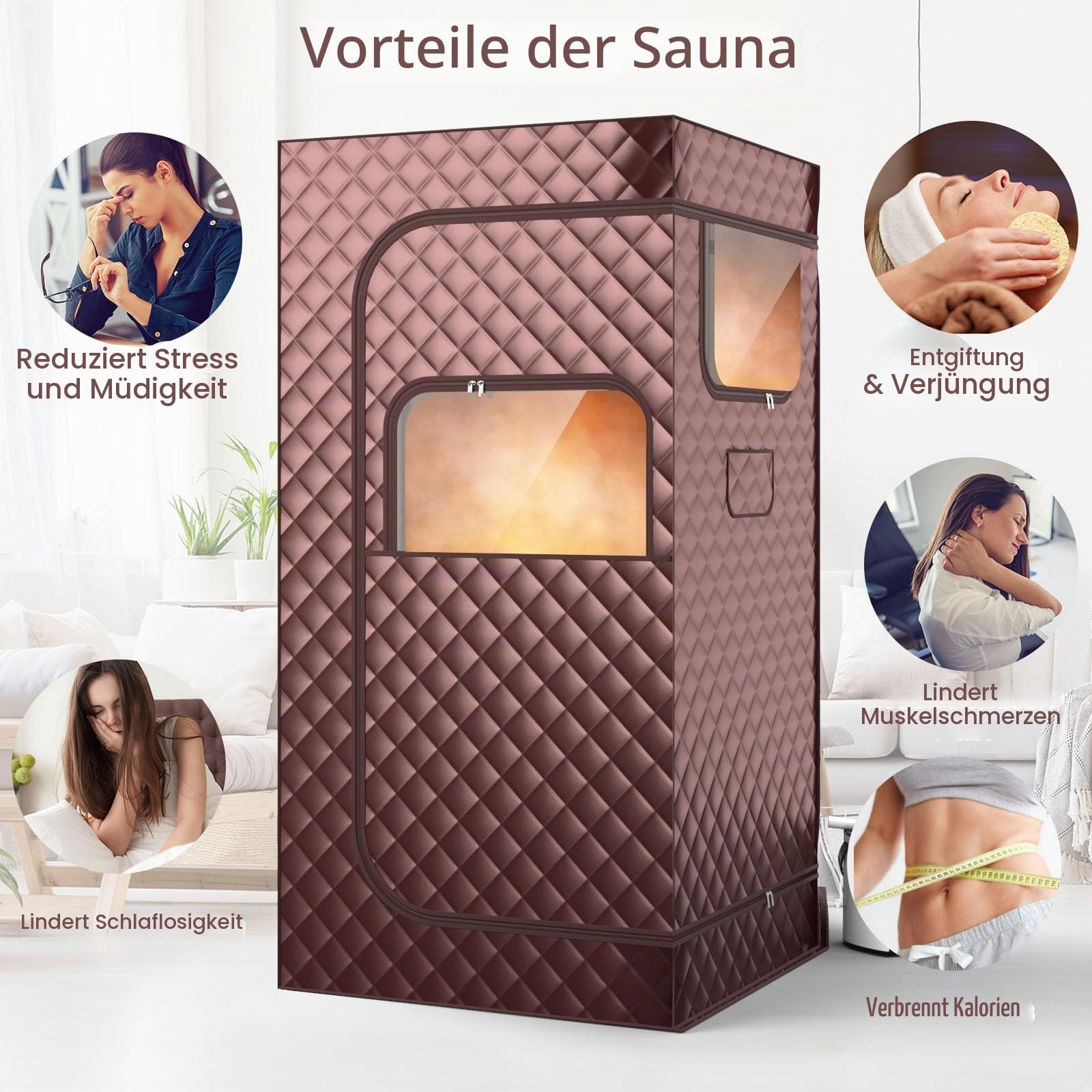 HOMASIS Dampfsauna tragbar, Heimsauna mit Dampfgenerator 3 Liter, Sauna für Zuhause mit Fernbedienung, 9 Temperaturstufen & 9 Timer, Mobiles Saunazelt mit Klappstuhl & Fußmassagegerät (Braun)
