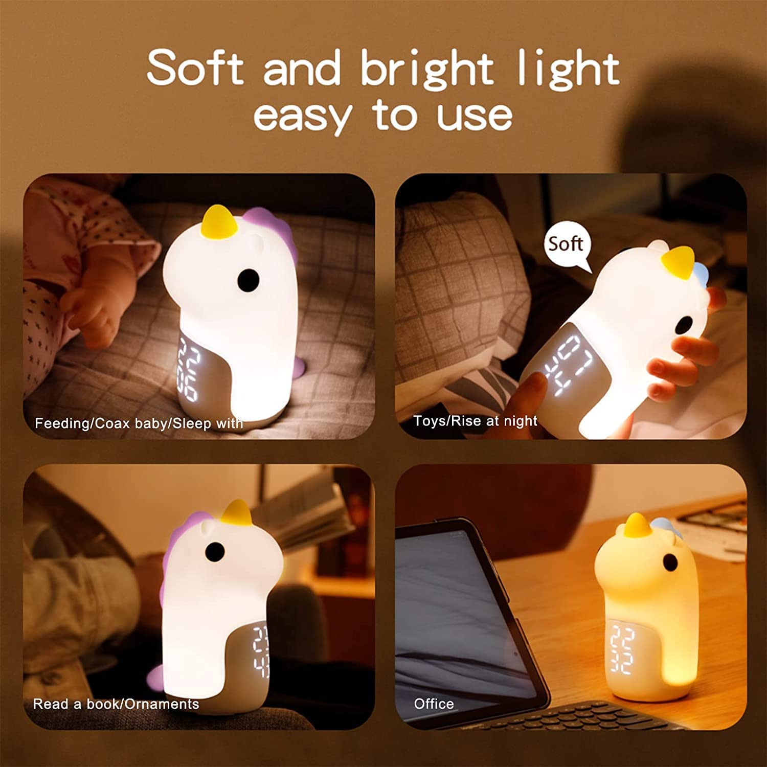 Kinder Wecker mit Licht, Kinderwecker mit Cute Einhorn Lichtwecker, Snooze Funktion, 3 Farben Wiederaufladbar Nachtlicht Dimmbar, Touch Control, Geschenk für Kinder Mädchen Jungen