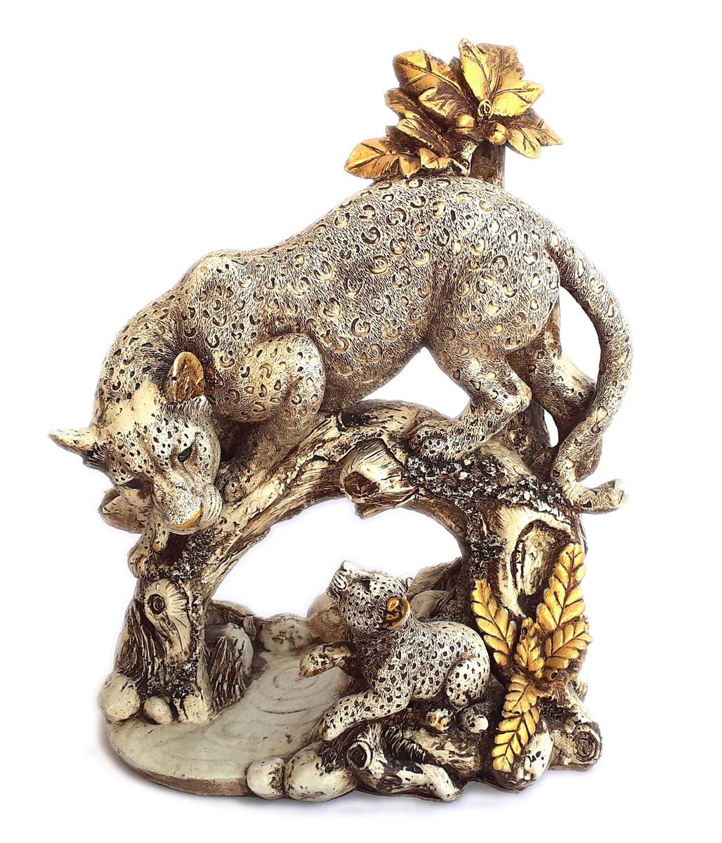 Resin Leopard with Cubs Statue - Home Decor (White, Golden, Standard)