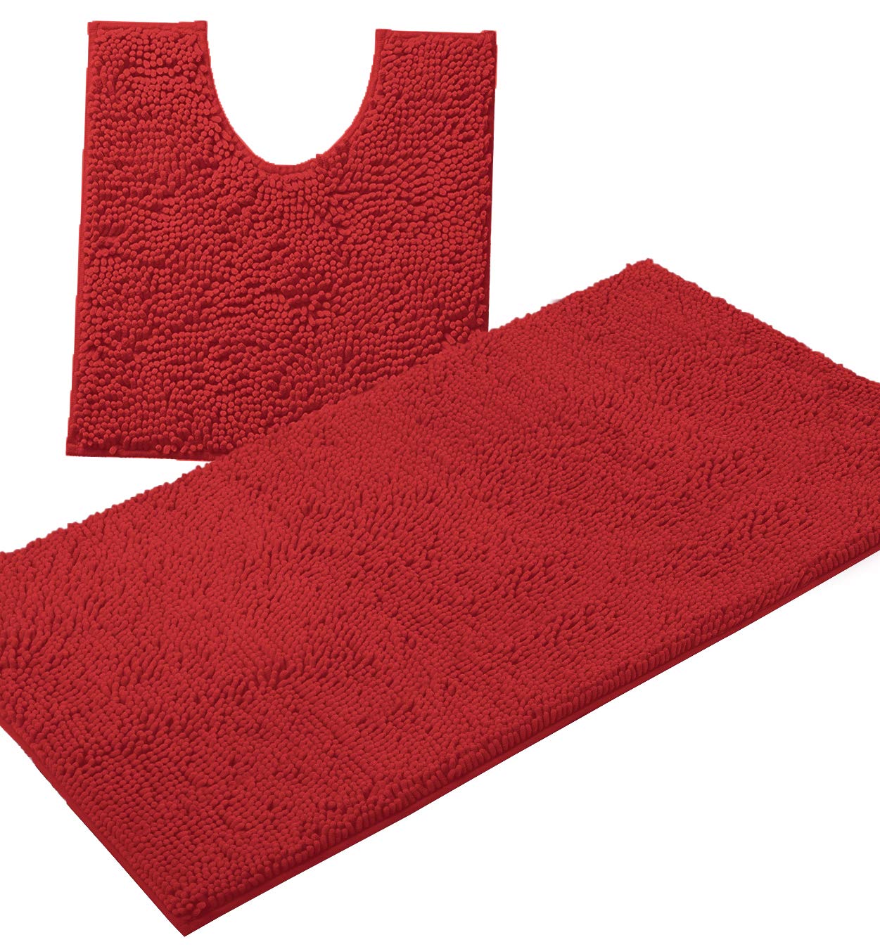 Bathroom Rugs Sets 2 Piece, Luxury Chenille Bath Mat Set, Soft Plush Anti-Slip Bath Rug + U-Shaped Toilet Mat. Microfiber Shaggy Carpet, Super Absorbent. (36'' X 24'' Plus 23'' x 20'' U, Red)