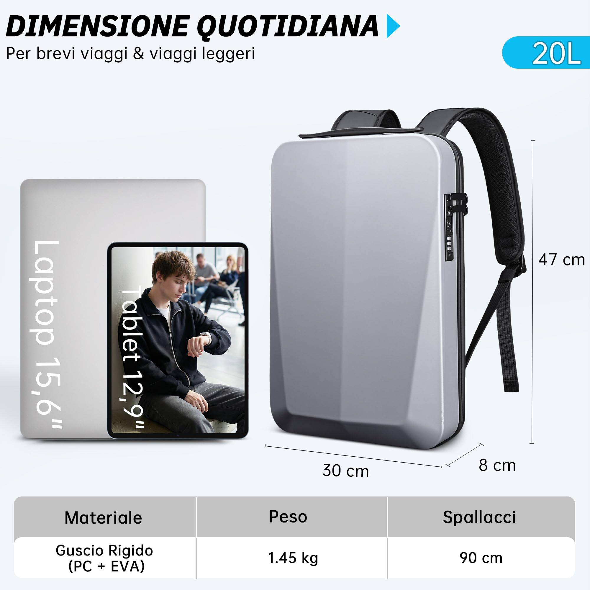 VARLIVOO Uomo Zaino con USB Porta 15.6" Laptop Zainetto Parola d'ordine Serratura Borse Lavoro Viaggio Scuola Università Campeggio Antifurto Zaino Impermeabile Polyester D'argento