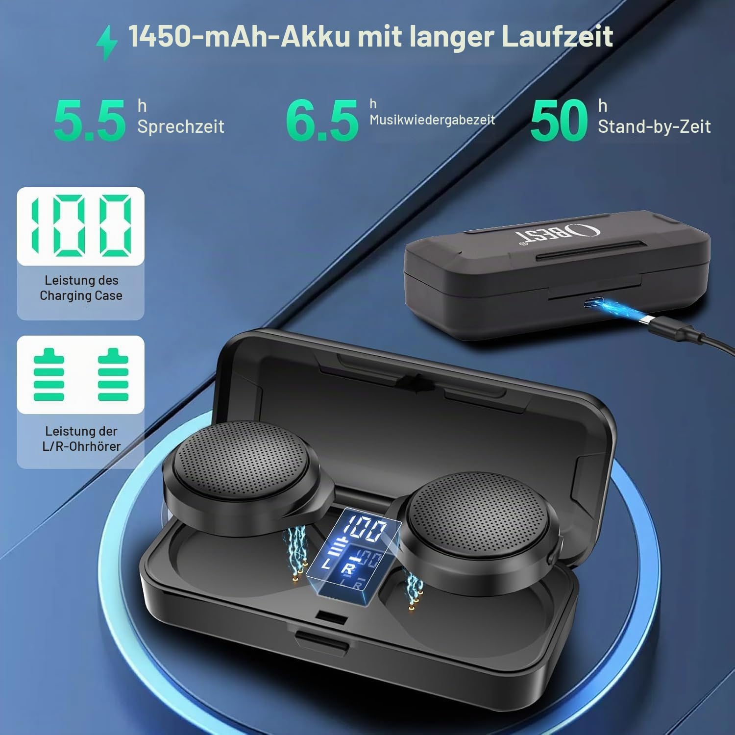 OBEST Motorradhelm Bluetooth Headset, TWS Kabellose Kopfhörer mit Ladeetui, Bluetooth 5.3 & ANC Aktive Geräuschunterdrückung, 1900 mAh Akku, Lange Betriebszeit, Einfache Montage mit Klettverschlu