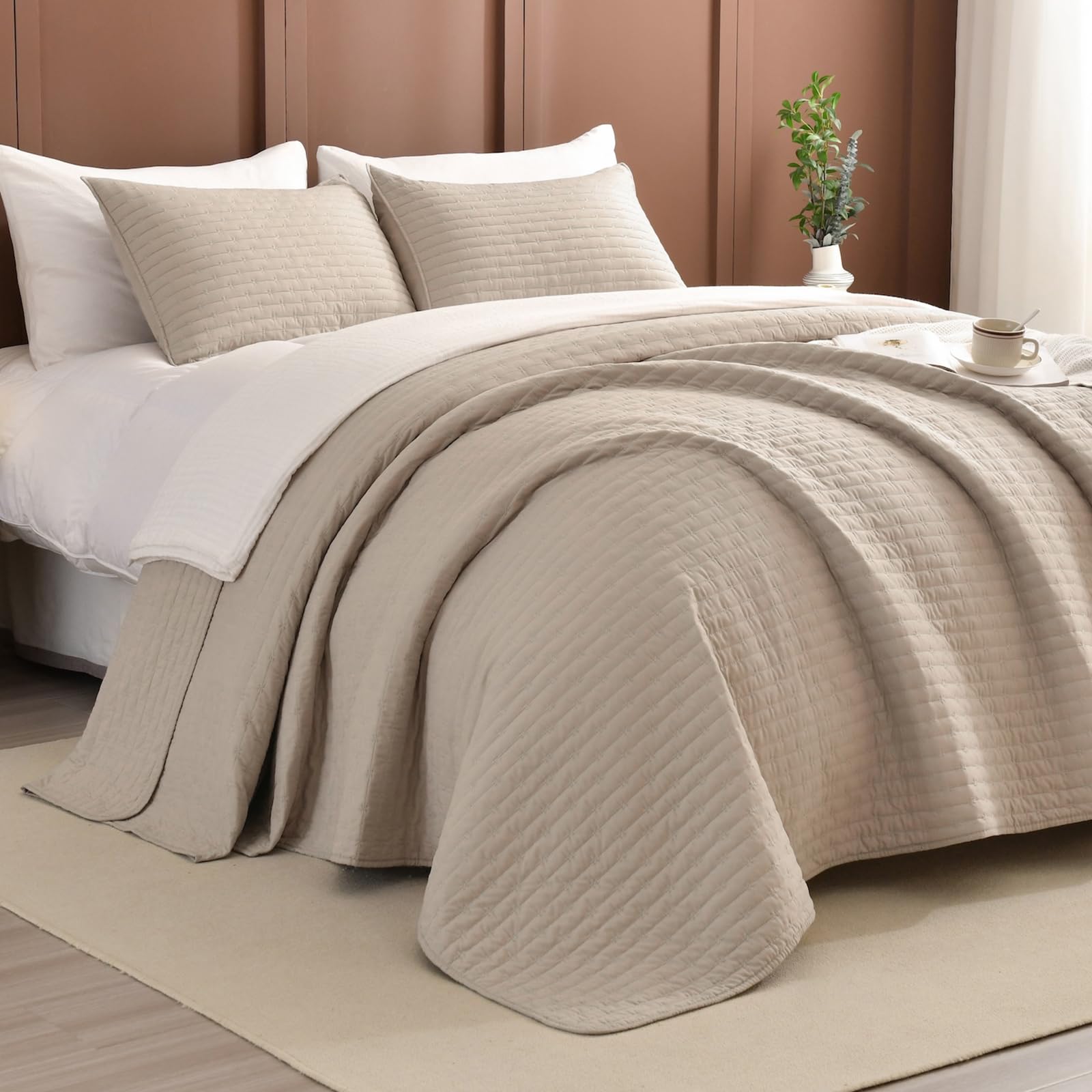 sanracie oversized king quilt bedspreads 128"x120" for extra bed, 100% cotton california king coverlet quilt set linen colored 3pcs lightweight extra large king bed quilt for all season