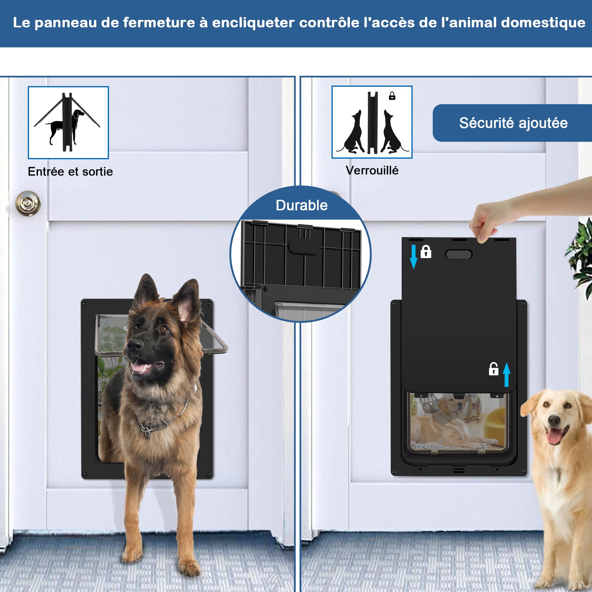 CEESC Clapet pour chiens de grande taille, résistant aux intempéries, pour chats et chiens jusqu'à 45 kg, durable, plaque de fermeture Snap-In incluse, convient pour les portes intérieures et