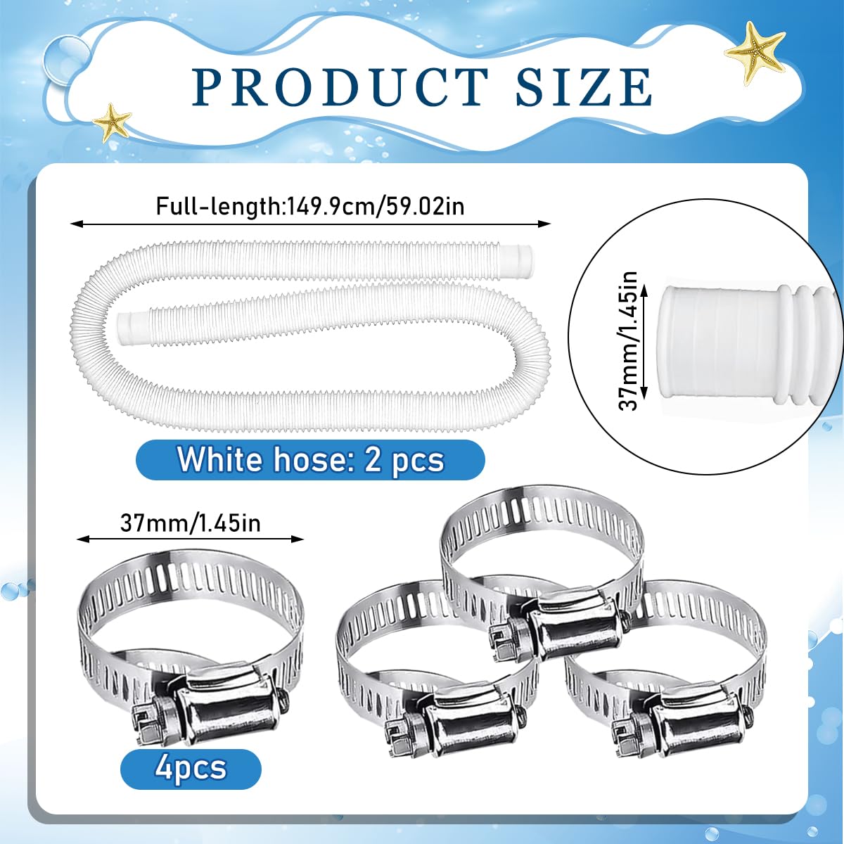 Lot de 2 tuyau piscine,Tuyau 32mm Blanc,Tuyau aspirateur piscine,pompe piscine avec 4 pince fixe,149.9 * 3.2cm,Pour piscines hors sol,Nettoyage des piscines,Adapté à une variété de pompes