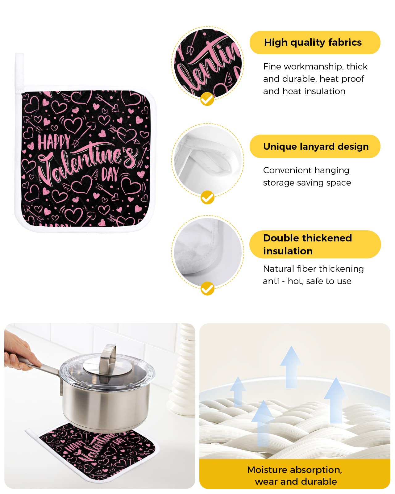 3 Packs Valentine's Day Pot Holders Sets for Kitchen,Oven Pan Plate Bowl Pads Heat Proof Mat with Hanging Loop,Thick Terry Cloth Potholders Soft Grip for Cooking Baking Pink Black Romance Love Heart