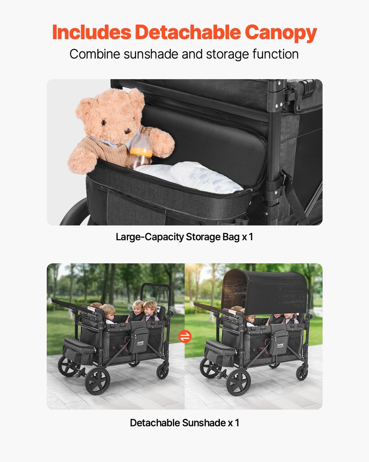 VEVOR Wagon Stroller for 4 Kids, Push Pull Quad Collapsible Stroller with Adjustable Handle, Safety Harness & Removable Canopy, 4-Seater Stroller Wagon for Camping, Dark Gray & Black (330LBS Loading) image 6 of 10 B0DWMDCKDZ
