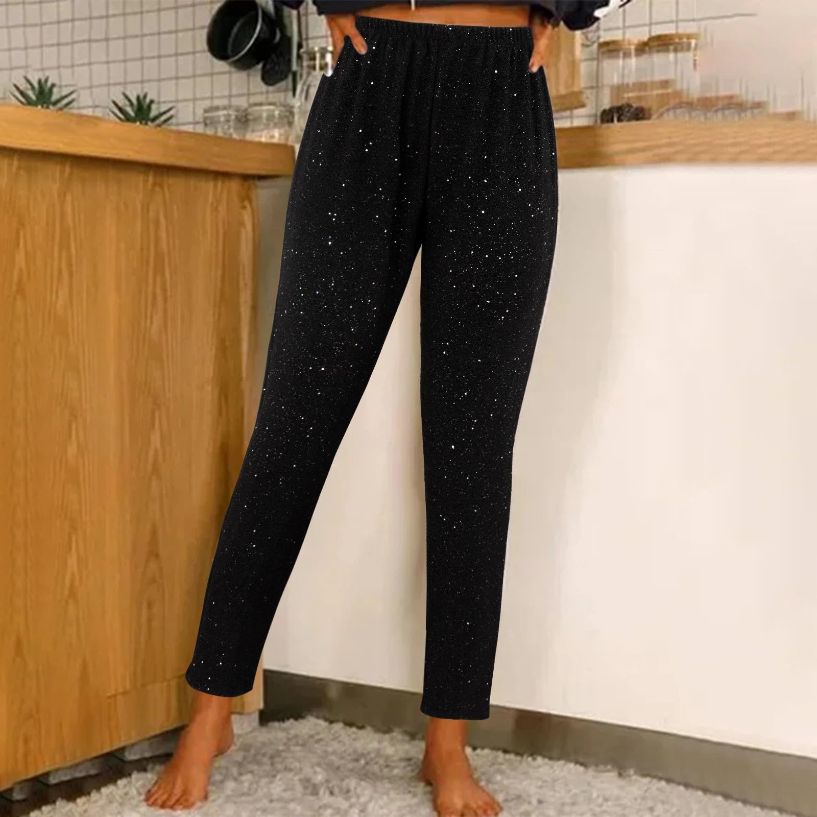 Generico Legginsy damskie metaliczne srebrne brokatowe długie spodnie imprezowe z cekinami, duże rozmiary brokatowe legginsy na Nowy Rok, eleganckie legginsy do dyskoteki, nieprzezroczyste spodnie