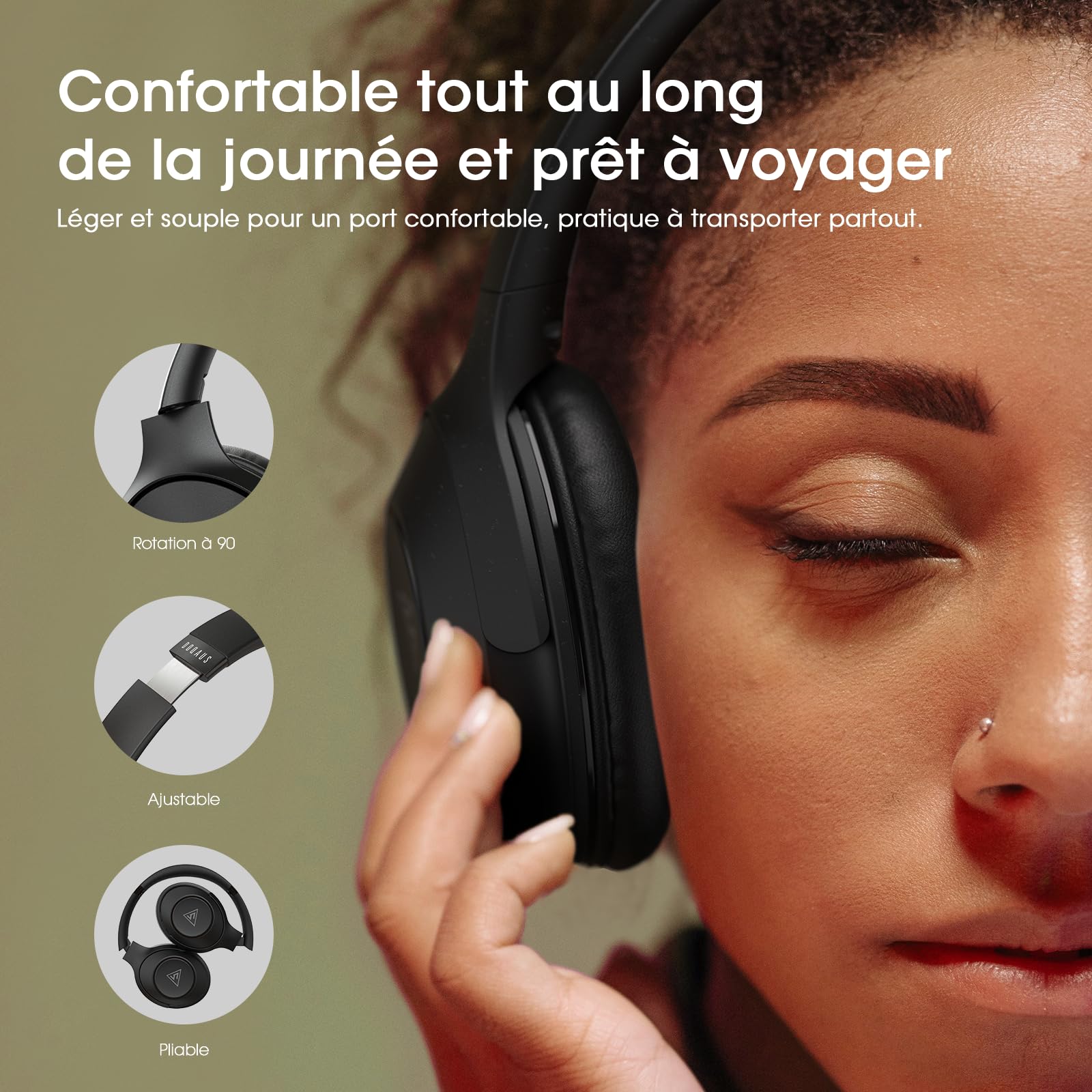 DOQAUS Casque Bluetooth 70H avec 3 Modes EQ,Bluetooth 5.3, Casque sans Fil 70H Durée Lecture, Cache Oreilles protéines Souples, avec stéréo HiFi Microphone pour Voyage/Travail/Vie